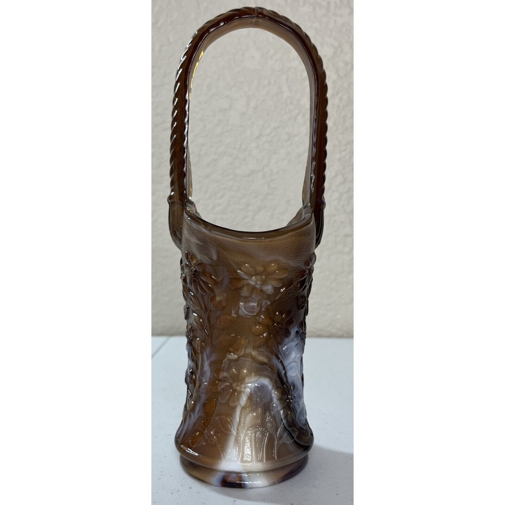 Vintage Imperial Dark Caramel Root Beer Slag Glass Tall Daisy Basket 10 In Tall - Picture 4 of 16